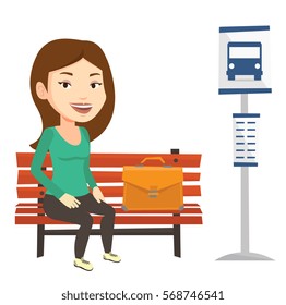Caucasian woman with briefcase waiting at the bus stop. Businesswoman sitting at the bus stop. Businesswoman sitting on a bus stop bench. Vector flat design illustration isolated on white background.