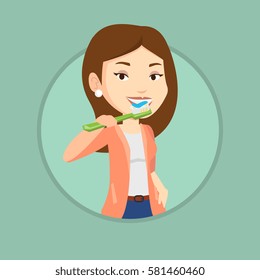 Caucasian woman brushing teeth. Woman cleaning teeth. Cheerful woman taking care of her teeth. Happy girl with toothbrush in hand. Vector flat design illustration in the circle isolated on background.