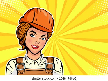 Caucasian woman Builder in uniform and helmet. Cartoon comic vector illustration in pop art retro style.