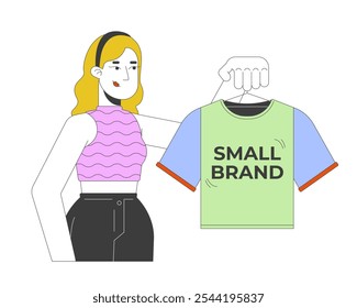 Caucasian woman buying small branded tshirt 2D cartoon character. Female small business owner holding t-shirt hanger isolated person flat vector on white background. Spot illustration colorful