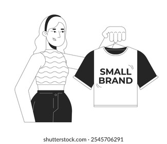 Caucasian woman buying small branded tshirt black and white 2D line character. Female small business owner holding t-shirt hanger isolated vector outline person. Monochromatic spot illustration