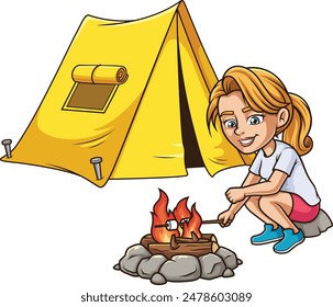 Caucasian woman camping vector illustration