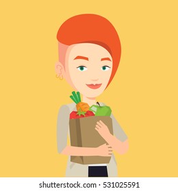 Caucasian woman carrying grocery shopping bag with vegetables. Woman holding grocery shopping bag with healthy food. Girl with grocery shopping bag. Vector flat design illustration. Square layout