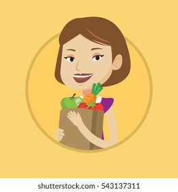 Caucasian woman carrying grocery shopping bag with vegetables. Young woman holding grocery shopping bag with healthy food. Vector flat design illustration in the circle isolated on background.