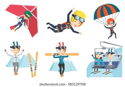 Caucasian woman carrying skis. Sportswoman standing with skis on her shoulders. Skiers using cableway in mountains at ski resort. Set of vector flat design illustrations isolated on white background.