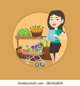 Caucasian woman checking shopping list. Woman holding shopping list near trolley with products. Woman writing in shopping list. Vector flat design illustration in the circle isolated on background.