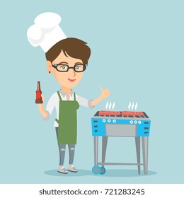 Caucasian woman in chef hat holding a bottle of beer and cooking steak on the barbecue. Woman cooking steak on the barbecue outdoors and giving thumb up. Vector cartoon illustration. Square layout.