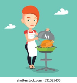 Caucasian woman cooking chicken on barbecue grill outdoors. Young smiling woman having a barbecue party. Woman preparing chicken on barbecue grill. Vector flat design illustration. Square layout.