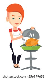 Caucasian woman cooking chicken on barbecue grill outdoors. Young woman having a barbecue party. Woman preparing chicken on barbecue grill. Vector flat design illustration isolated on white background