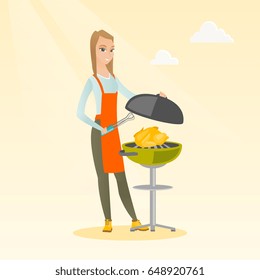 Caucasian woman cooking chicken on the barbecue grill outdoors. Young smiling woman at a barbecue party. Woman preparing chicken on the barbecue grill. Vector flat design illustration. Square layout.