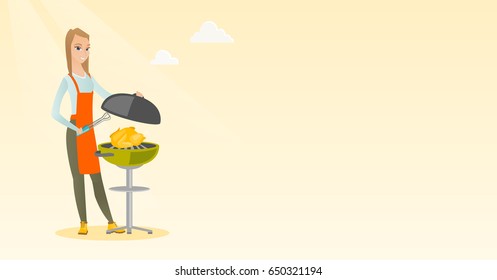 Caucasian woman cooking chicken on the barbecue grill outdoors. Young woman at a barbecue party. Woman preparing chicken on the barbecue grill. Vector flat design illustration. Horizontal layout.