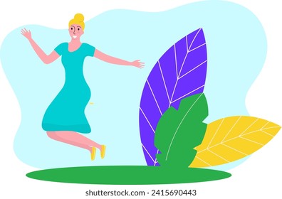 Caucasian woman dancing, happy lady in blue dress. Joyful female celebrating with abstract shapes vector illustration.