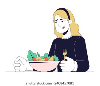 Eine kaukasische Frau verringerte den Appetit auf einen linearen 2D-Cartoon-Charakter. Trauriges blondes Weibchen mit Essstörungen, einzelne Linie, Vektorgrafik, weißer Hintergrund. Weighloss-Mehl-Farbe flach