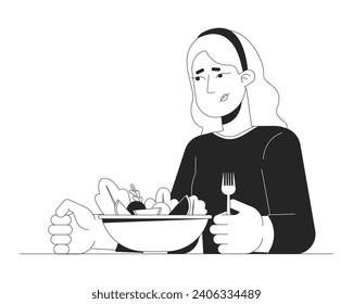 Caucasian woman decreased appetite black and white 2D line cartoon character. Sad blonde female eating disorder isolated vector outline person. Weightloss meal monochromatic flat spot illustration