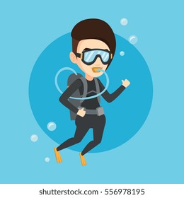 Caucasian woman diving with scuba and showing ok sign. Young woman in diving suit snorkeling and giving thumb up. Woman enjoying the dive. Vector flat design illustration. Square layout.