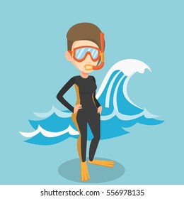 Caucasian woman in diving suit, flippers, mask and tube standing on the background of a big wave. Diver enjoying snorkeling. Diver ready for snorkeling. Vector flat design illustration. Square layout.