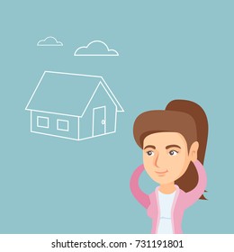 Caucasian woman dreaming about future life in a new house. Young woman planning her future purchase of a house. Woman thinking about buying a new house. Vector cartoon illustration. Square layout.