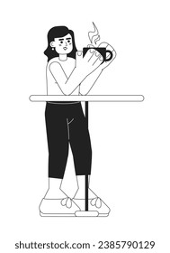 Caucasian woman drinking coffee monochromatic flat vector character. Cafeteria table. Coffee break. Editable thin line full body person on white. Simple bw cartoon spot image for web graphic design