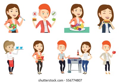 Caucasian woman eating hamburger. Happy woman with eyes closed biting hamburger. Young woman is about to eat delicious hamburger. Set of vector flat design illustrations isolated on white background.