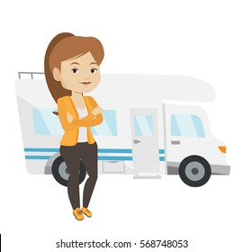 Caucasian woman enjoying her vacation in motor home. Woman standing with arms crossed in front of motor home. Girl traveling by motor home. Vector flat design illustration isolated on white background