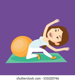 Caucasian woman exercising in the gym. Woman doing stretching on exercise mat. Sportswoman stretching before training. Woman doing stretching exercises. Vector flat design illustration. Square layout
