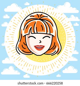 Caucasian woman face expressing positive emotions, vector human head illustration. Attractive redhead female with stylish haircut.