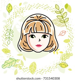 Caucasian woman face, vector human head illustration. Attractive blonde female with stylish haircut.