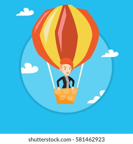Caucasian woman flying in a hot air balloon. Woman standing in the basket of hot air balloon. Woman traveling in hot air balloon. Vector flat design illustration in the circle isolated on background.
