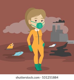 Caucasian woman in gas mask and radiation protective suit standing on the background of nuclear power plant. Scientist wearing radiation protection suit. Vector flat design illustration. Square layout