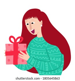 Caucasian woman gets a gift box with bow. Happy smiling face. Surprised female character. Concept of exchanging presents. Isolated on white background. Flat style drawing. Holiday vector illustration