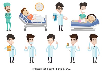 Caucasian woman getting acupuncture treatment. Acupuncturist doctor performing acupuncture treatment on back of a female patient. Set of vector flat design illustrations isolated on white background.