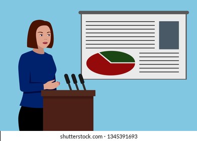 Caucasian woman giving presentation. Vector illustration.