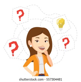 Caucasian Woman Having Business Idea. Businesswoman Standing With Question Marks And Idea Light Bulb Above Her Head. Business Idea Concept. Vector Flat Design Illustration Isolated On White Background