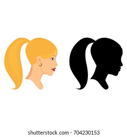 Caucasian woman head in profile. Portrait of blonde girl in color and black silhouette. Women's profile outline, isolated on white. Vector character for logos. EPS8