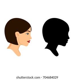 Caucasian woman head in profile. Portrait of brunette girl in color and black silhouette. Women's profile outline, isolated on white. Vector character for logos. EPS8