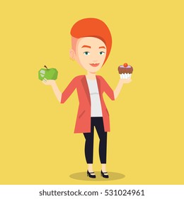 Caucasian woman holding apple and cupcake in hands. Woman choosing between apple and cupcake. Concept of choice between healthy and unhealthy nutrition. Vector flat design illustration. Square layout