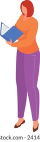 Caucasian woman holding a book, reading, standing, casual clothing, simple style. Education and leisure concept with female character vector illustration.