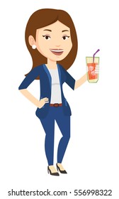 Caucasian woman holding cocktail glass with drinking straw. Joyful woman drinking a cocktail. Young happy woman celebrating with cocktail. Vector flat design illustration isolated on white background.