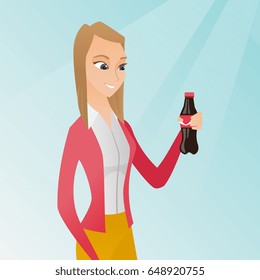 Caucasian woman holding fresh soda beverage in a glass bottle. Young woman standing with a bottle of soda. Cheerful woman drinking soda from a bottle. Vector flat design illustration. Square layout.