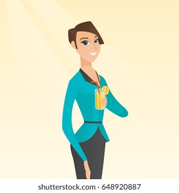 Caucasian woman holding a glass with a cocktail. Joyful woman drinking a cocktail through a drinking straw. Young woman celebrating with a cocktail. Vector flat design illustration. Square layout.