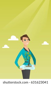 Caucasian woman holding in hands plastic bottle with plant growing inside. Woman holding plastic bottle used as plant pot. Plastic recycling concept. Vector flat design illustration. Vertical layout.