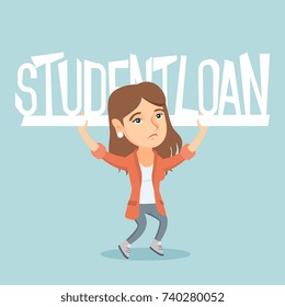 Caucasian woman holding a heavy sign of student loan. Young tired woman carrying a heavy sign - student loan. Concept of the high cost of student loan. Vector cartoon illustration. Square layout.