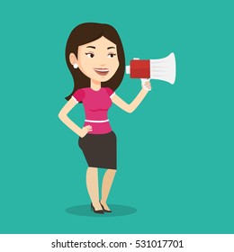 Caucasian woman holding megaphone. Social media marketing concept. Woman promoter speaking into a megaphone. Young woman advertising using megaphone. Vector flat design illustration. Square layout.