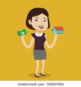 Caucasian woman holding money and model of house. Happy woman having loan for house. Woman got loan for buying a new house. Real estate loan concept. Vector flat design illustration. Square layout.