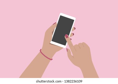 Caucasian woman holding smartphone in her hand and pressing on touch screen. Vector illustration.