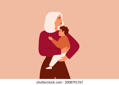 Caucasian woman holds her baby boy with love and care. Strong working mother cuddles her child and looking forward. Vector illustration