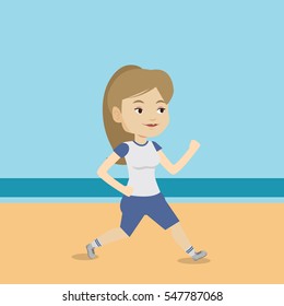 Caucasian woman jogging on the beach. Sporty female athlete running on the beach. Woman running along the seashore. Fit woman enjoying jogging on beach. Vector flat design illustration. Square layout.