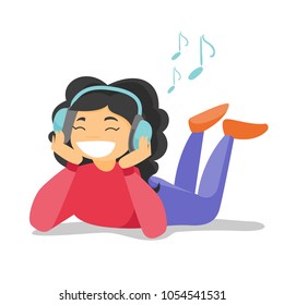 Caucasian woman listening to music on her smartphone. Young woman in headphones listening to music. Relaxed woman with eyes closed enjoying music. Vector cartoon illustration. Square layout.