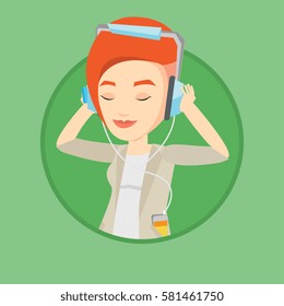 Caucasian woman listening to music on smartphone. Woman in headphones listening to music. Woman with eyes closed enjoying music. Vector flat design illustration in the circle isolated on background.