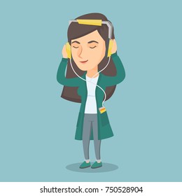 Caucasian woman listening to music on her smartphone. Young woman in headphones listening to music. Relaxed woman with closed eyes enjoying music. Vector cartoon illustration. Square layout.